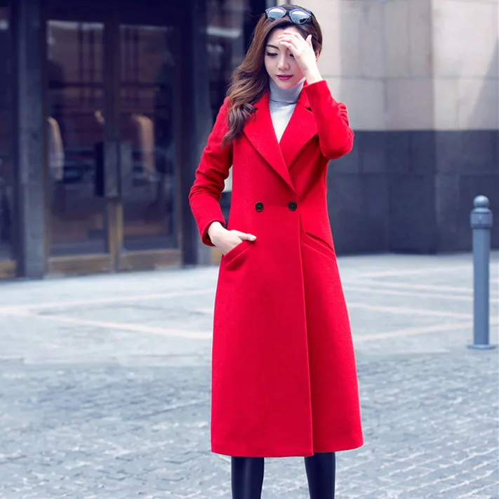 2017 новое корейское Красное длинное пальто выше колена Женская хлопковая