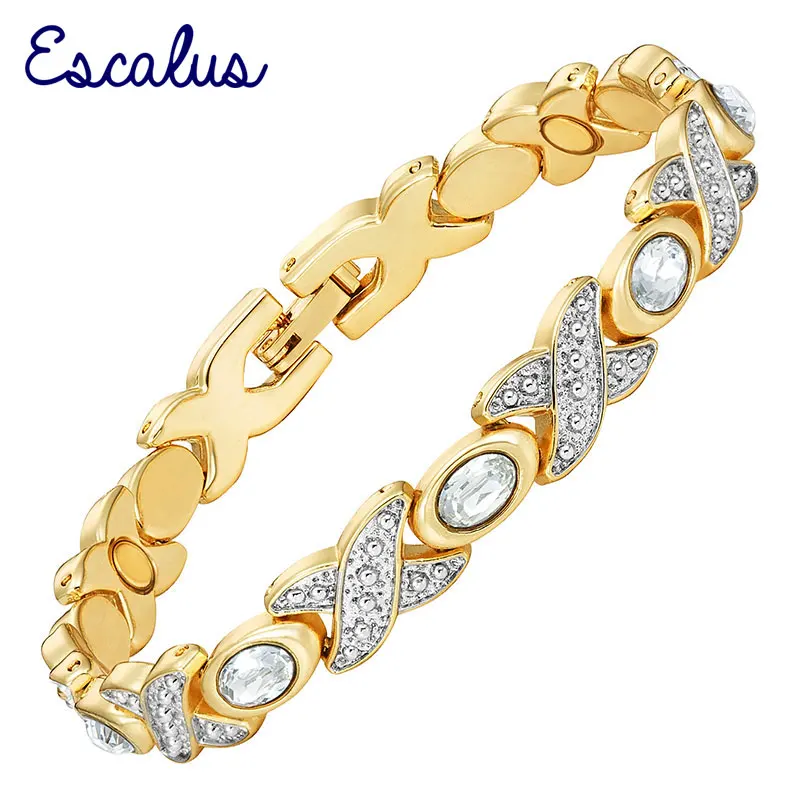 

Escalu Trendy Women 2-Tone Gold Color Magnetic Bracelet Clear Stones fashion Bangle Ladies Jewelry Gift Wristband Charm