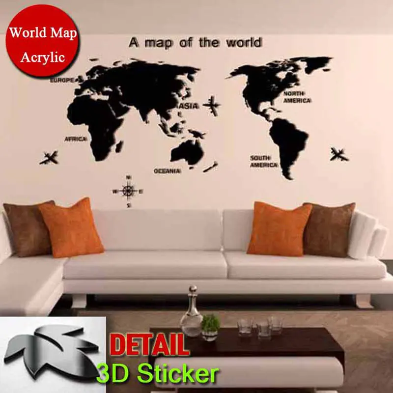 3D Карта мира зеркальные настенные художественные наклейки фоновые акриловые