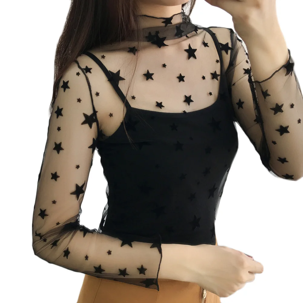 Весна 2019 прозрачная блузка с длинным рукавом тонкие кружевные рубашки женская