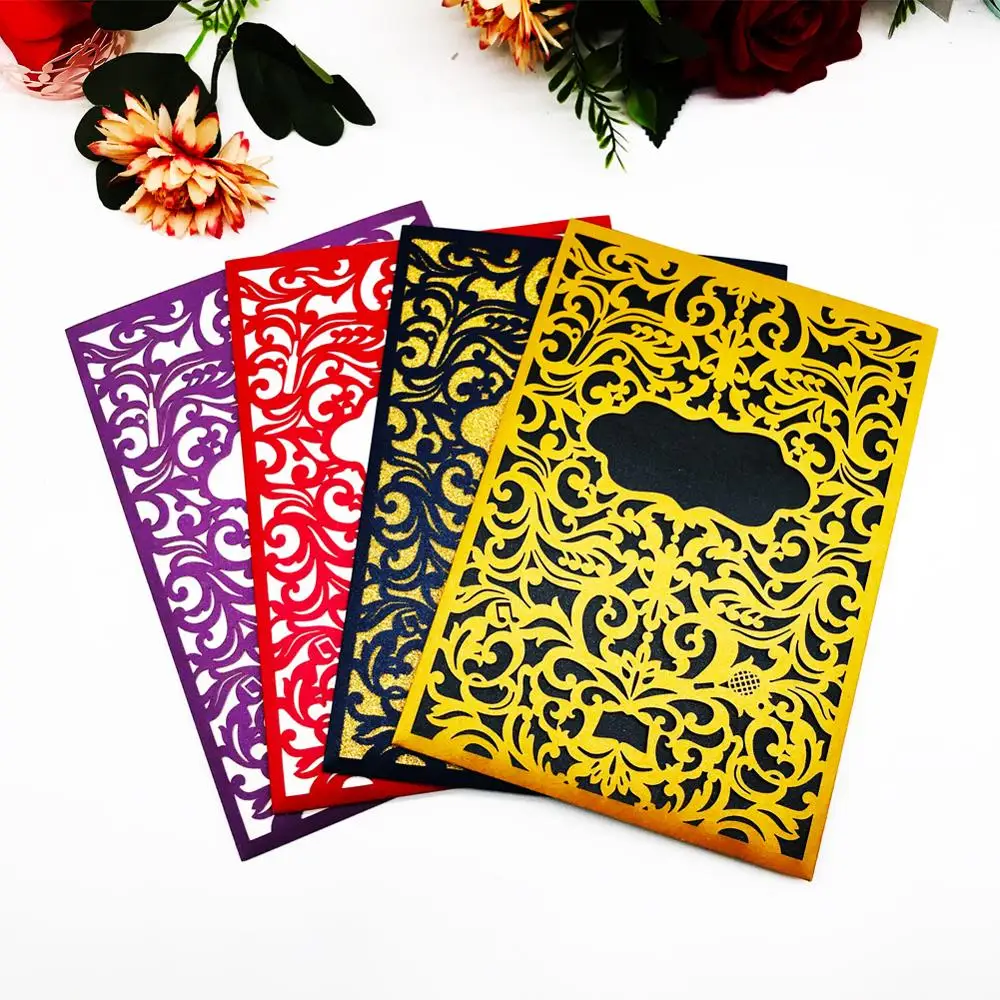 

40Pcs/Lot Dark Purple Wedding Invitations Laser Cut Wedding Card Pocket Design Invitations For Wedding Birthday