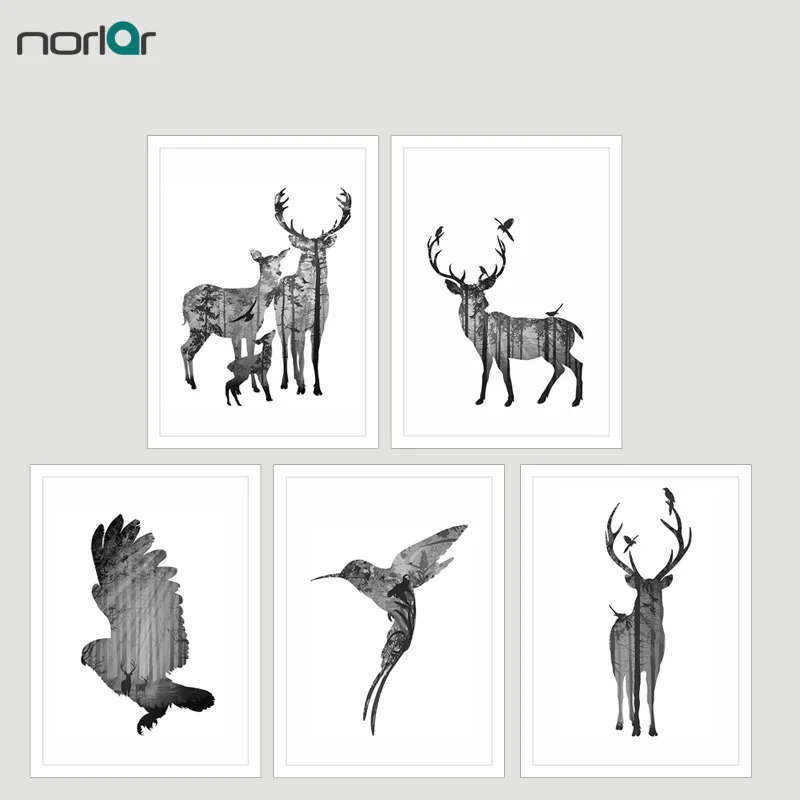 HD Печатный силуэт оленя семья с сосновой лесной холст Художественная печать