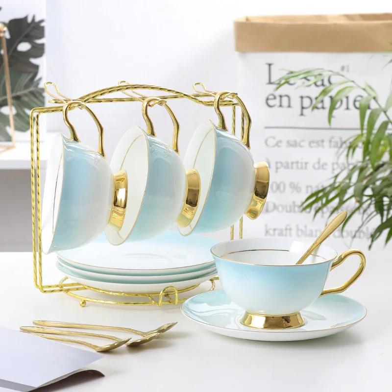 4Cups n Holder Костяного фарфора чайная чашка ложка для блюдца набор 200 мл градиентная синяя кофейная чашка Золотой фарфор керамический чайный набор чайная чашка кафе кофейная чашка - Цвет: 4Cups n Holder