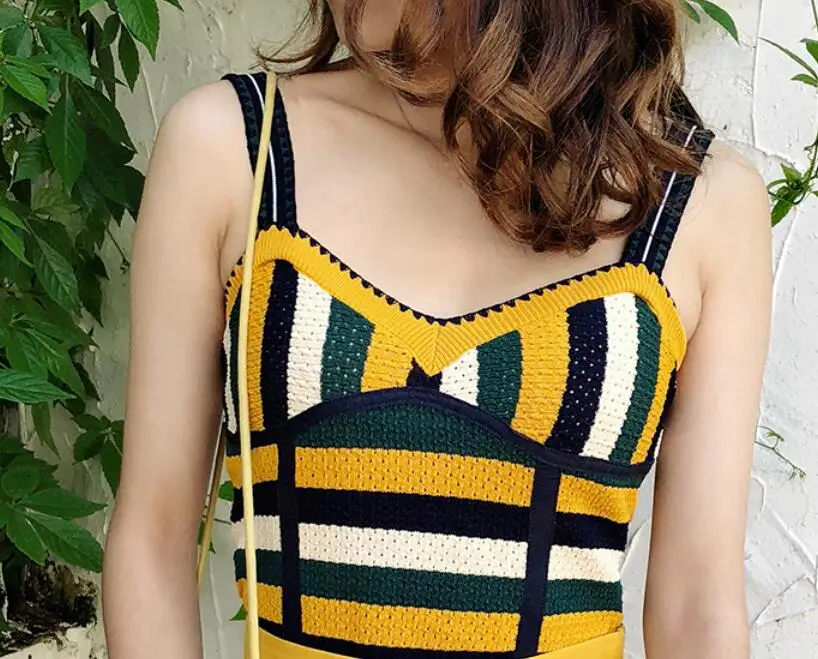 Only Striped tops Летний Цветной полосатый вязаный желтый жилет без рукавов Топ+ юбка на пуговицах костюмы женские пляжные комплекты из 2 предметов - Цвет: Only Striped tops
