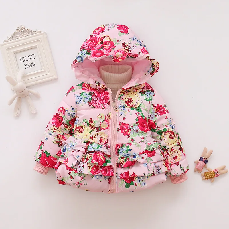 

Dulce Amor Winter Girls Warm Jacket Coat Baby Girl Clothes Plus Velvet Thicken Hooded Outerwear Print Floral Tops for 2-4Y