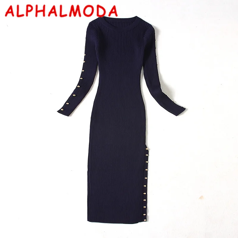 Женское трикотажное платье ALPHALMODA облегающее с заклепками низким разрезом и