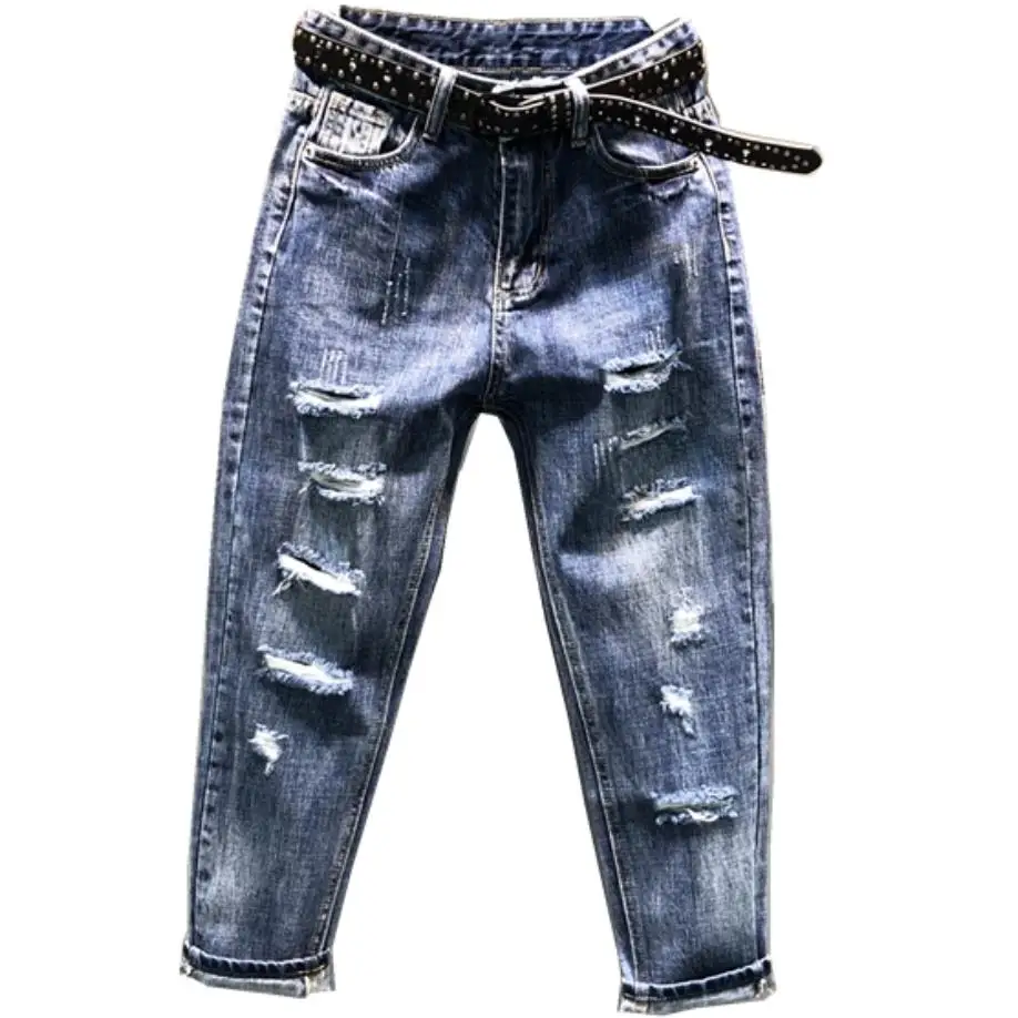 

2022 Spring autumn new denim women jeans loose feet hole high waist harem pants