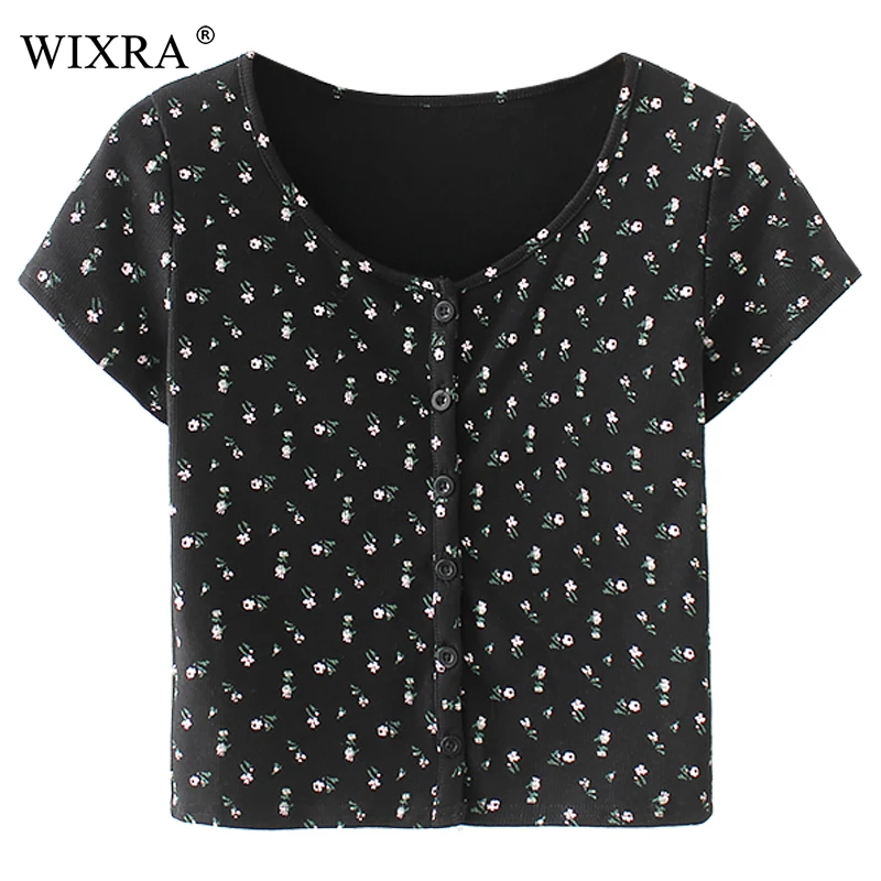 Женская футболка с круглым вырезом Wixra летняя коротким рукавом и цветочным