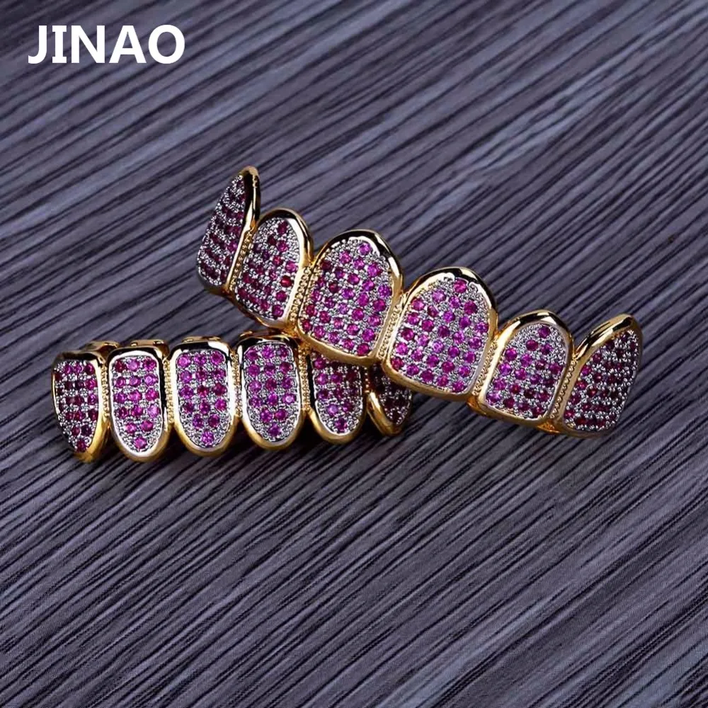 JINAO пользовательский подходят золотого цвета в стиле хип-хоп ЗУБЫ Grillz все Iced Out фуксия CZ Stonea микро мощеные женские верхние и нижние грили набор