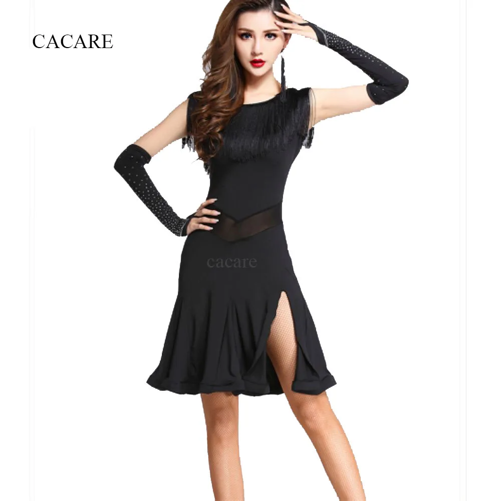 

CACARE Latin Salsa Dance Dress for Women Latin Dress Fringe Latin Dance Competition Dresses D0376 with Armwear Split Hem