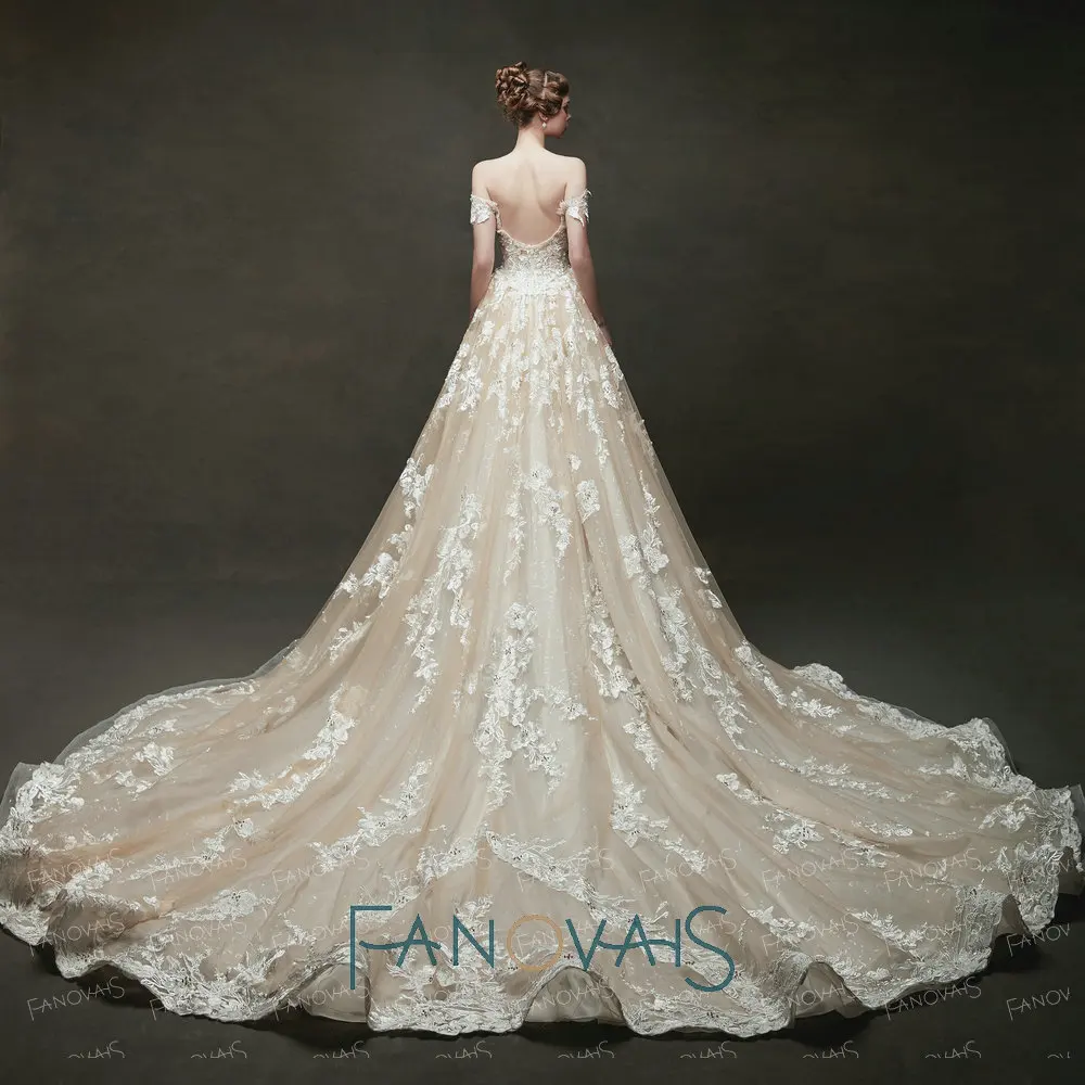 Пляж BOHO свадебные платья с плеча шампанское длинный поезд Vestido De Novia Robe Mairee