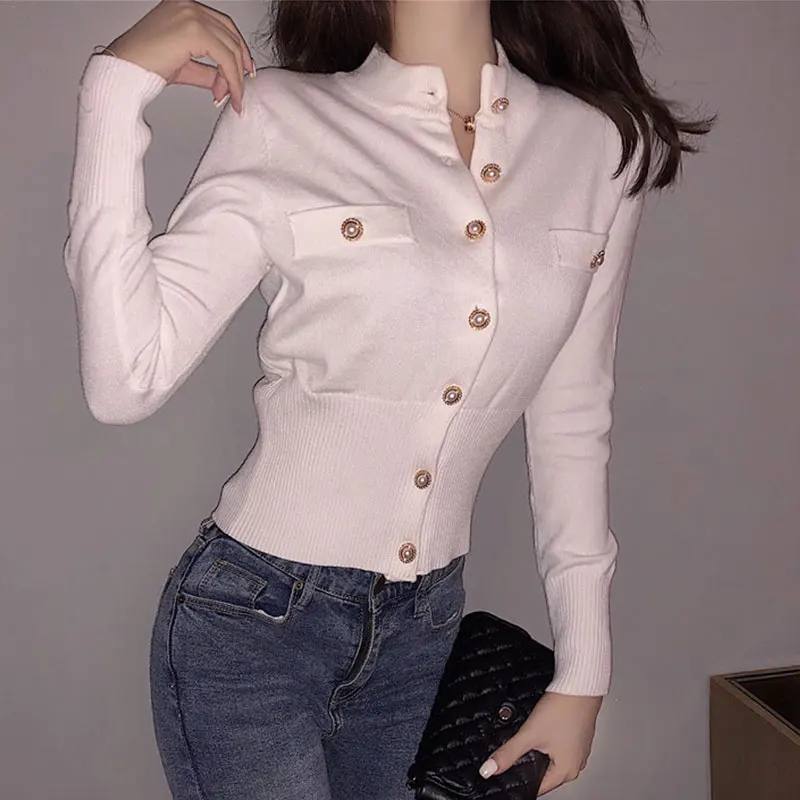 Long Sleeve Slim Knit Cardigan Sweater Women Single-Breasted Turtleneck Pocket Solid High Street Ladies Tops Cotton Coat Autumn |