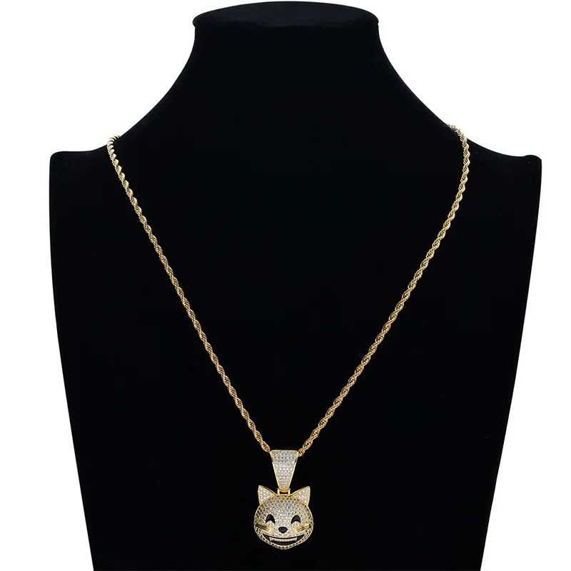 Bling Cute Smile Expression Kitty Animal Pendant Necklace Cubic Zirconia Hip Hop Iced Out Jewelry | Украшения и аксессуары