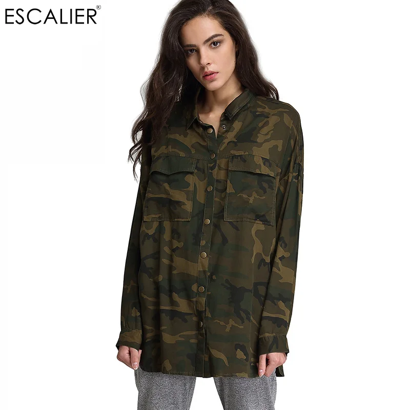 ESCALIER 2017 Модные женские свободные камуфляжные пальто с воротником стойкой и