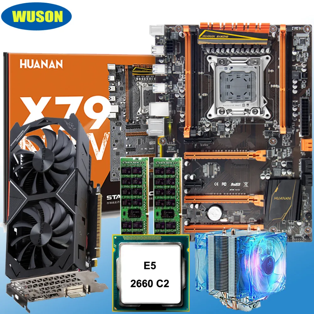 Хорошее качество HUANANZHI deluxe X79 материнская плата с M.2 слотом cpu Xeon E5 2660 с кулером ram 32G(2*16G) видеокарта GTX1050Ti 4G