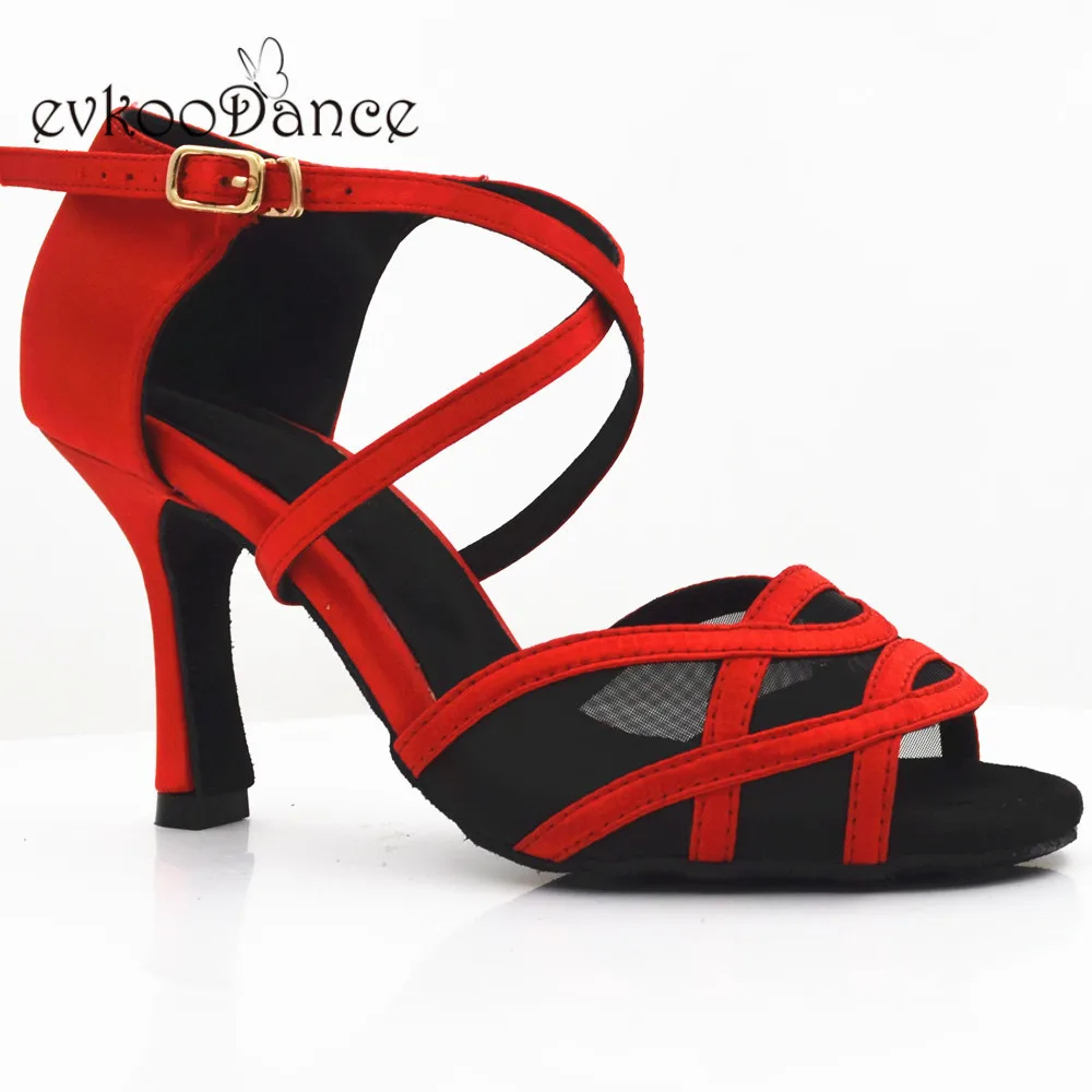Evkoo dance Zapatos De Baile размер США 4-12 красный атлас с черной сеткой Высота каблука 8,3 см латинские атласные танцевальные туфли Evkoo-525