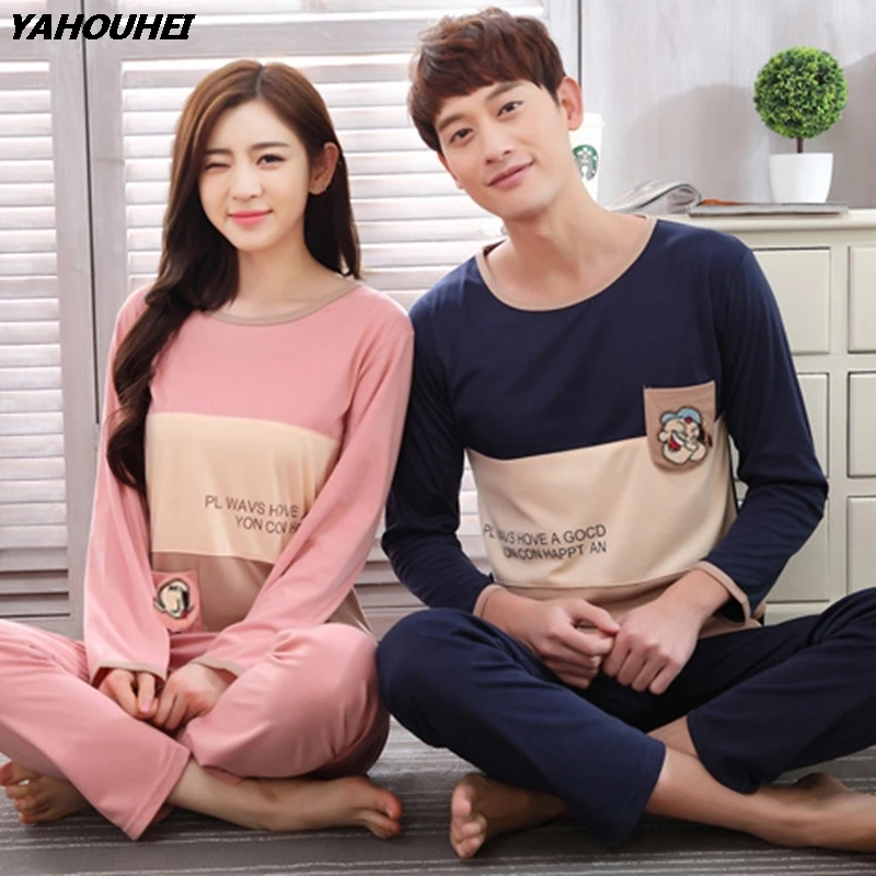 Парные повседневные хлопковые Пижамные комплекты для женщин новинка 2019 осенняя