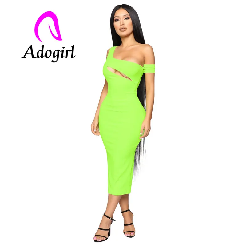 Adogirl ФЛУОРЕСЦЕНТНОЕ зеленое женское платье миди на одно плечо ажурное офисное