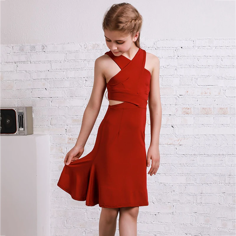 Latin Dance Dress For Girls Red Cha Cha Samba Salsa Rumba Practice Clothes Milk Fiber Ballroom Tango Dancing Kids Dresses DC2518