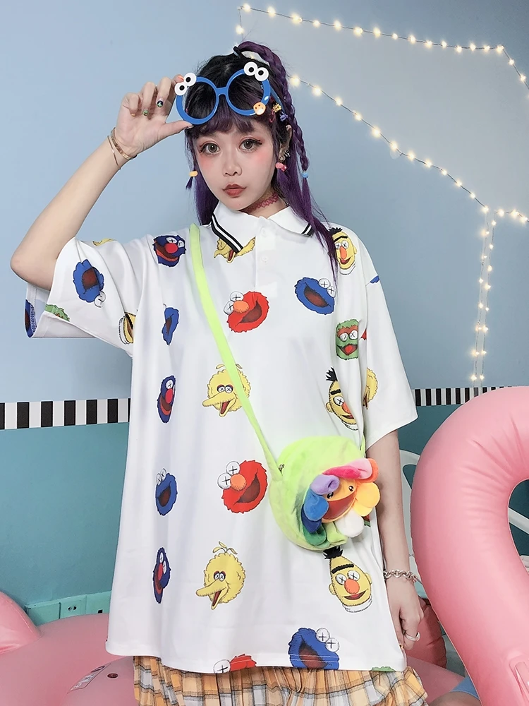Harajuku милый мультфильм Поло печатных студенческий девушка издание|Футболки-поло|