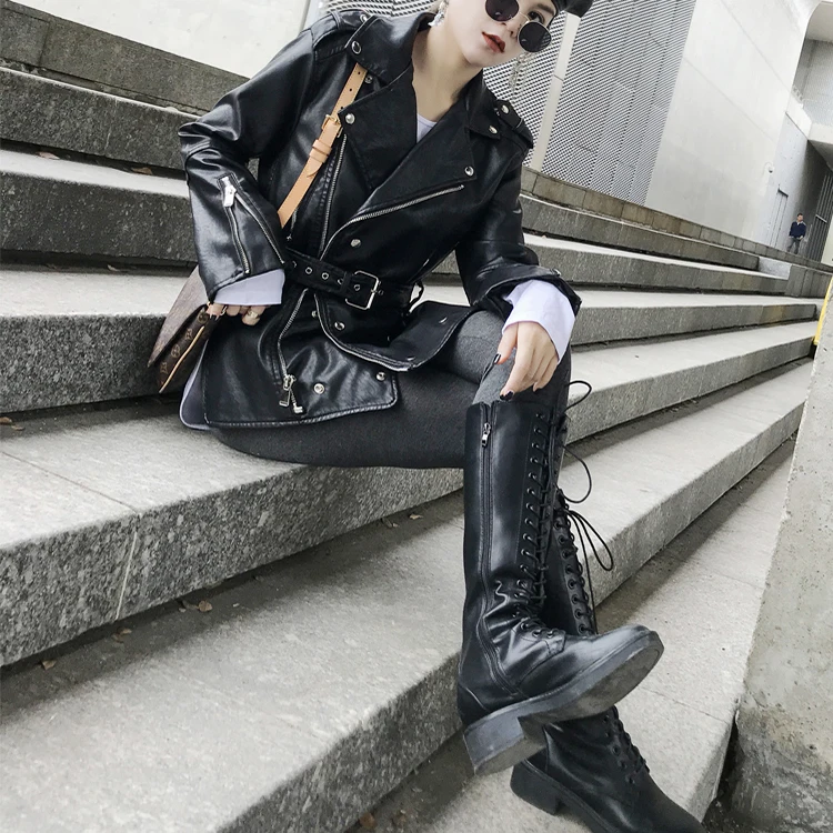 Женская куртка GetSpring асимметричная с разрезами по бокам поясом женская кожаная