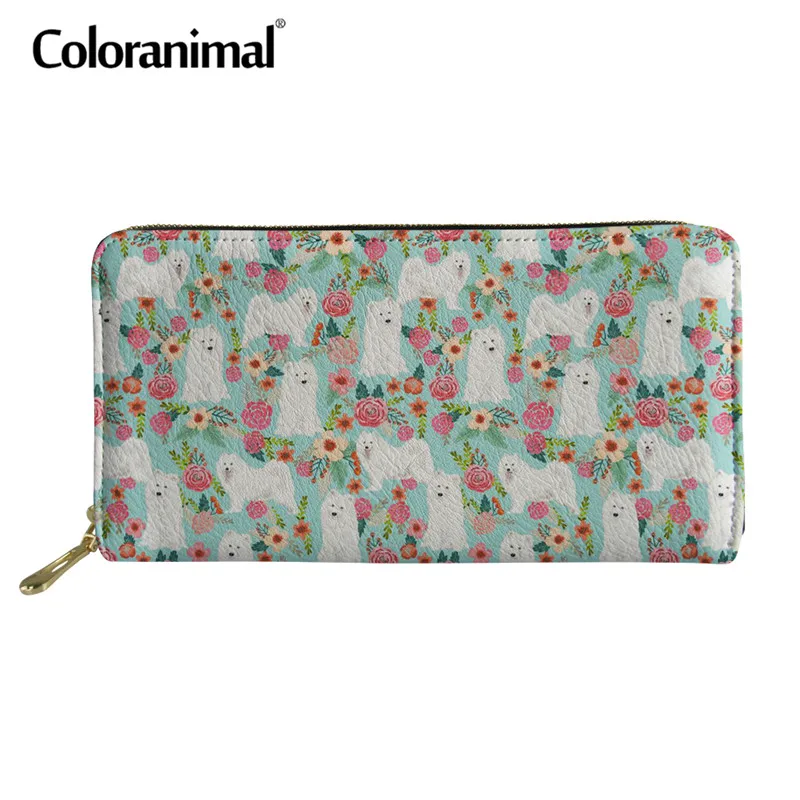 

Coloranimal Cute Pretty Dog Samoyed Print Large Long Wallets Zipper Female Card Holder Multifunction Leather Coin Storage Purse