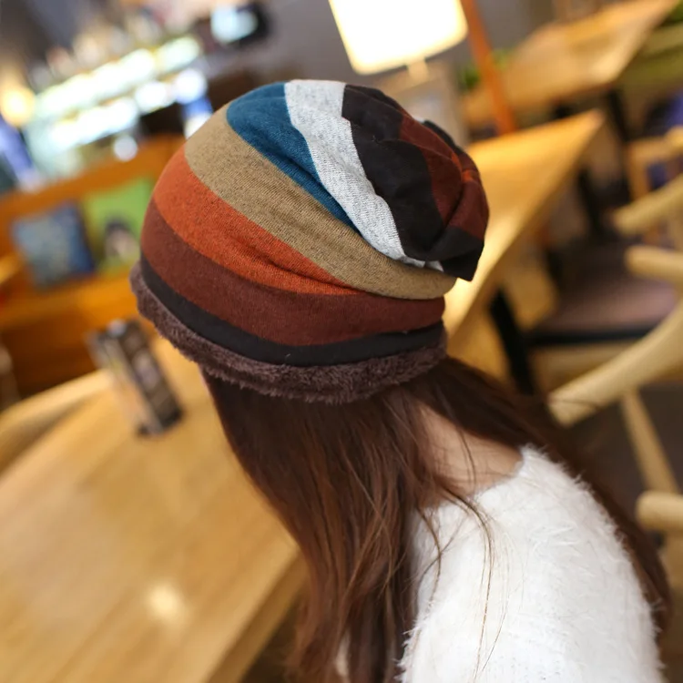 

[DINGDNSHOW] Brand Beanies Hat Adult Cotton Winter Cap Women 2019 Knitted Hat Warm Skullies Stripe Ladies