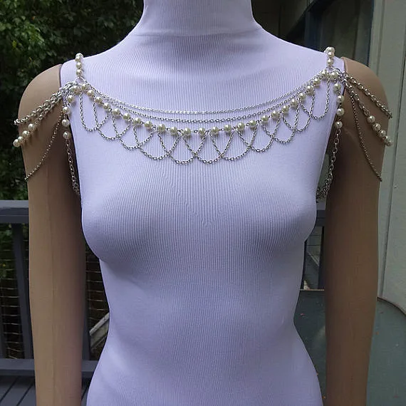 Цепочка многослойная женская с жемчугом элегантное ожерелье на плечи свадебная