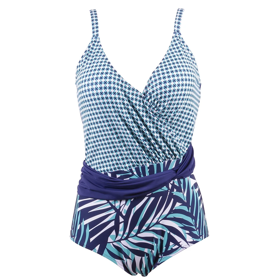 NAKIAEOI Plus Size Swimwear Women One Piece Swimsuit Retro Vintage Bathing Suit Beachwear Patchwork Print Monokini Swimsuit