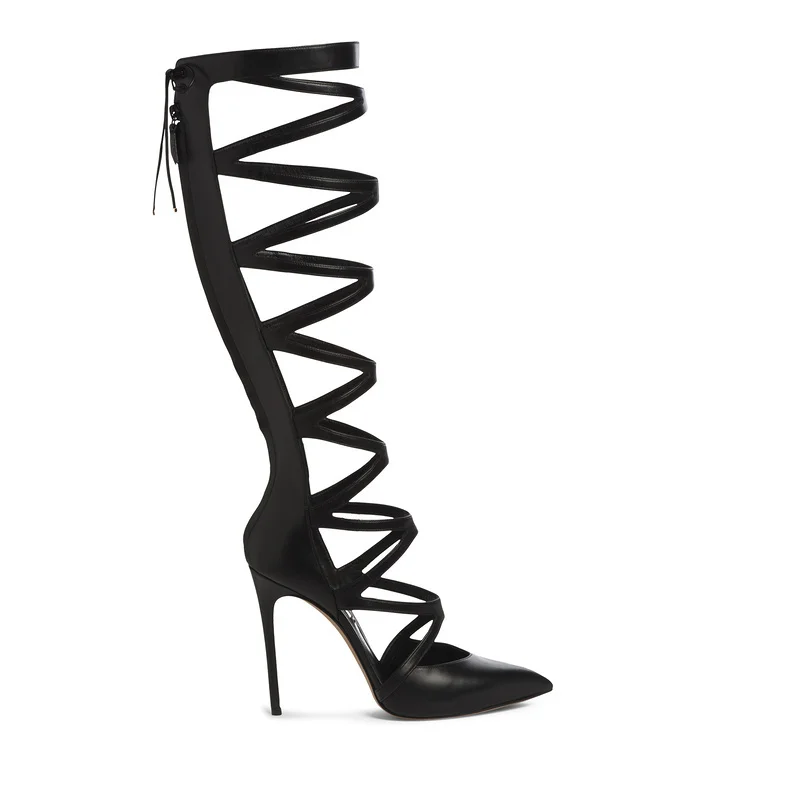 Hot selling solid color multi strap crisscross back zipper pointed toe knee high stiletto heel sandal boots cut-outs long boots