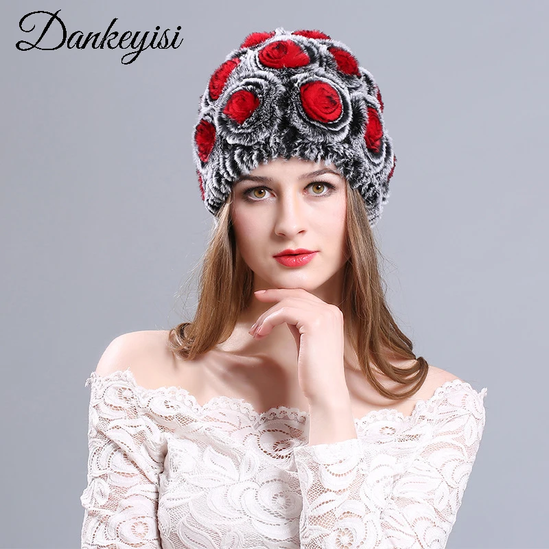 

DANKEYISI Genuine Rex Rabbit Fur Caps Women Fur Hat For Winter Flower Warm Lady Fur Hats 2017 Warm Caps Female Casual Beanies