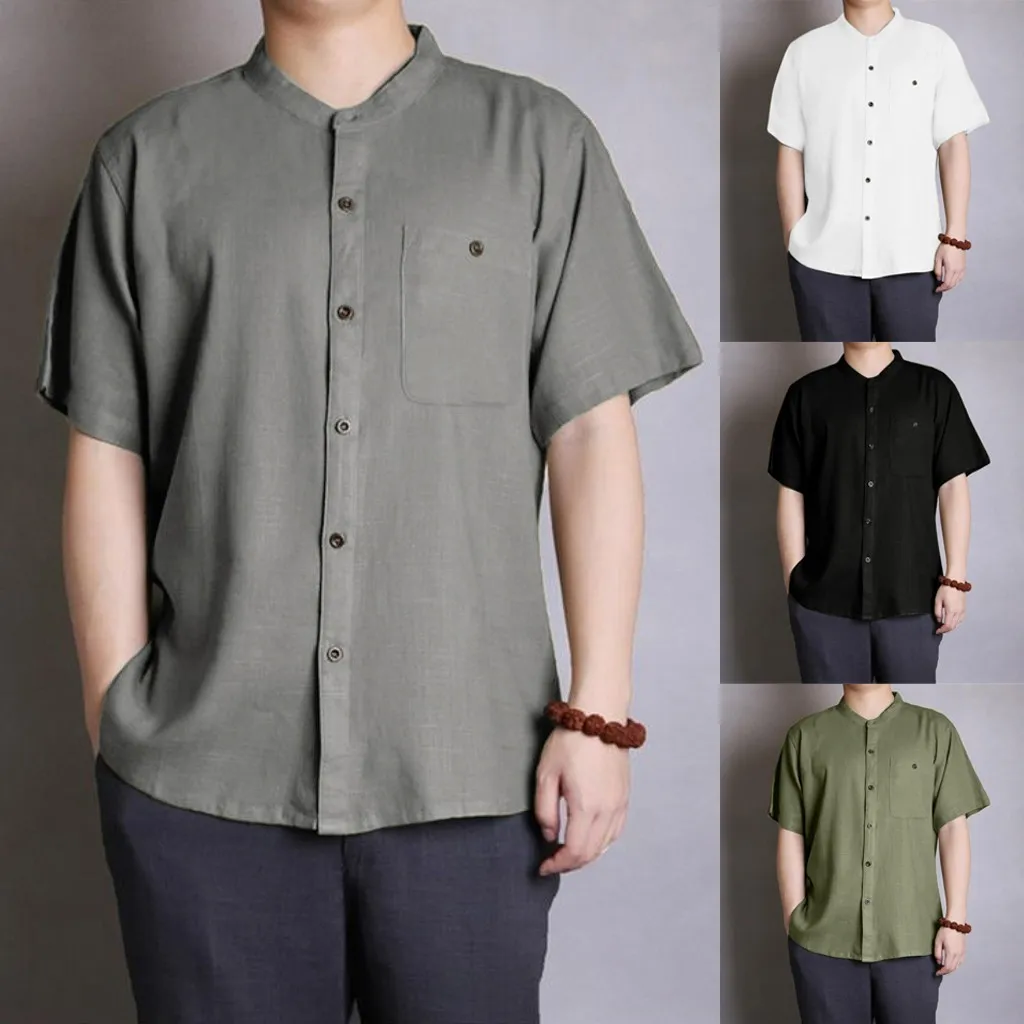 Мужская рубашка на пуговицах однотонная хлопковая льняная в стиле ретро с