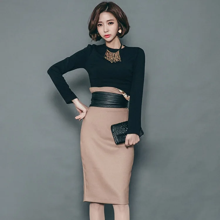Женский костюм 2020 весенние черные офисные Топы с длинным рукавом блузка и юбка