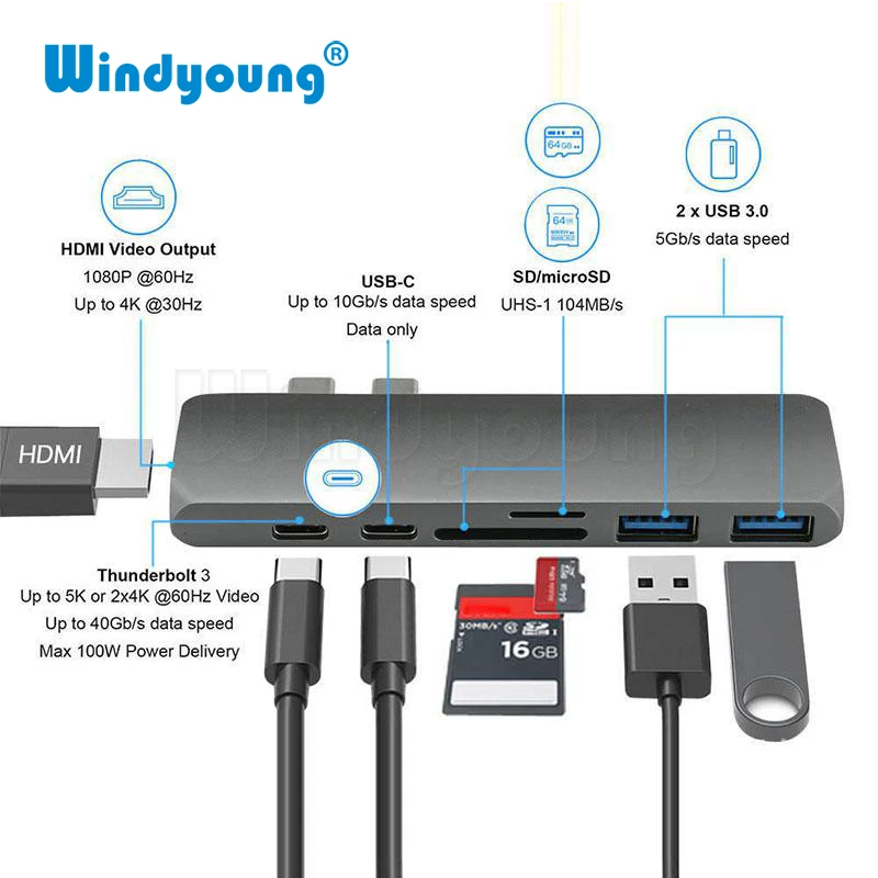 USB 3.0 Type C Hub к HDMI адаптеру 4K 7 в 1 Thunderbolt 3 с TF SD Card Reader PD для MacBook Pro Air 0|USB-хабы| |