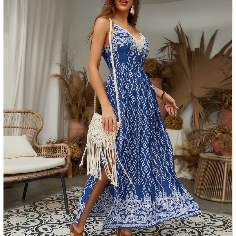 Женское платье с принтом Boho кружевное пляжное на тонких бретельках платье-макси