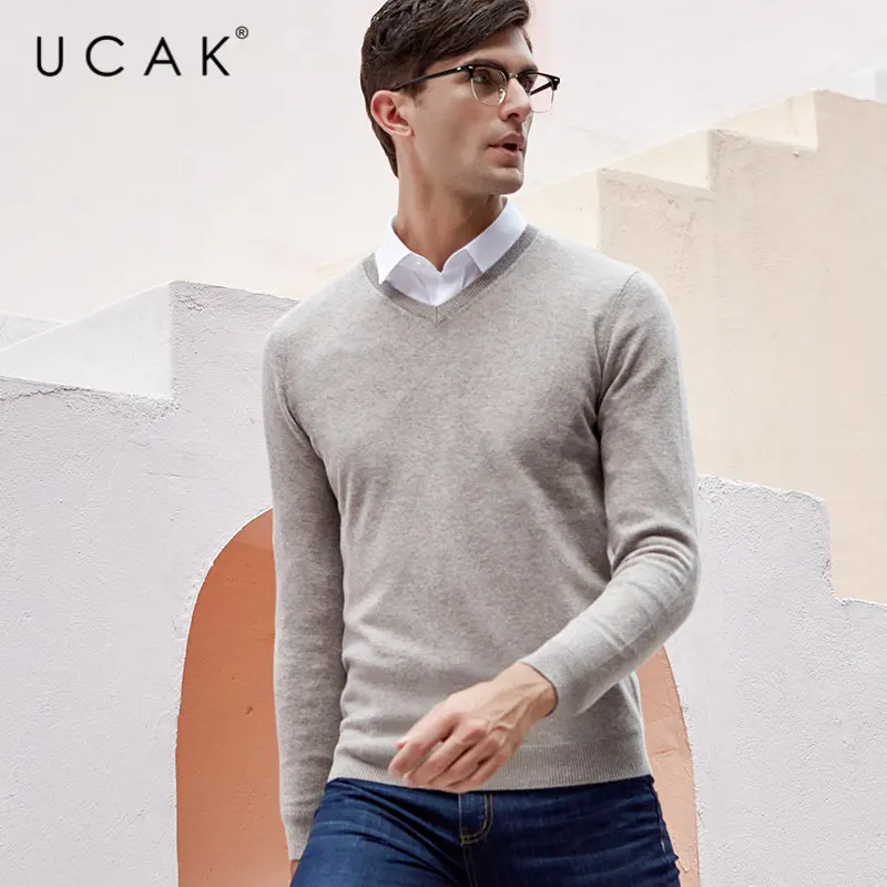 Хаки UCAK брендовый свитер мужской классический v-образный вырез Pull Homme чистая мериносовая шерсть пуловер мужской осень зима толстый теплый кашемировый свитер U3014 - Цвет: Хаки
