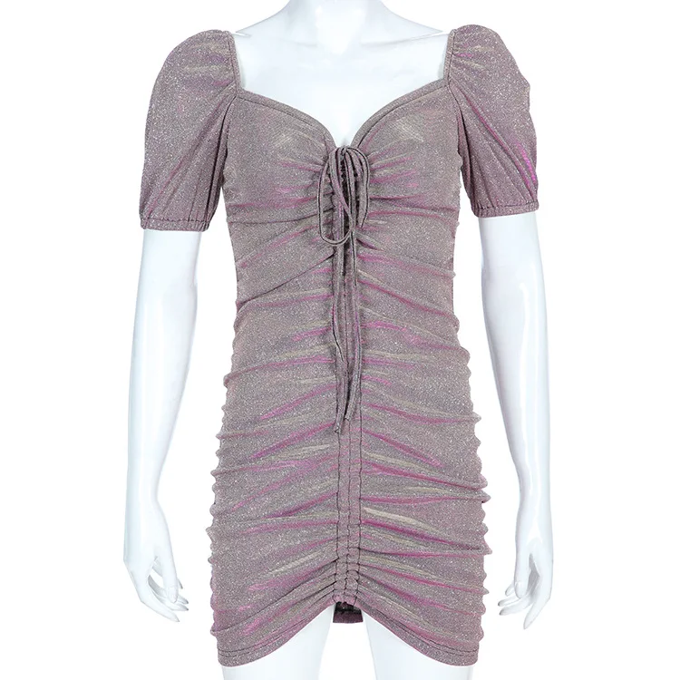 Elegant V Neck Glitter Pleat Lace Up Bodycon Sexy Dress Women Slim Fit Summer Casual Going Out Celebrity Party Club | Женская одежда