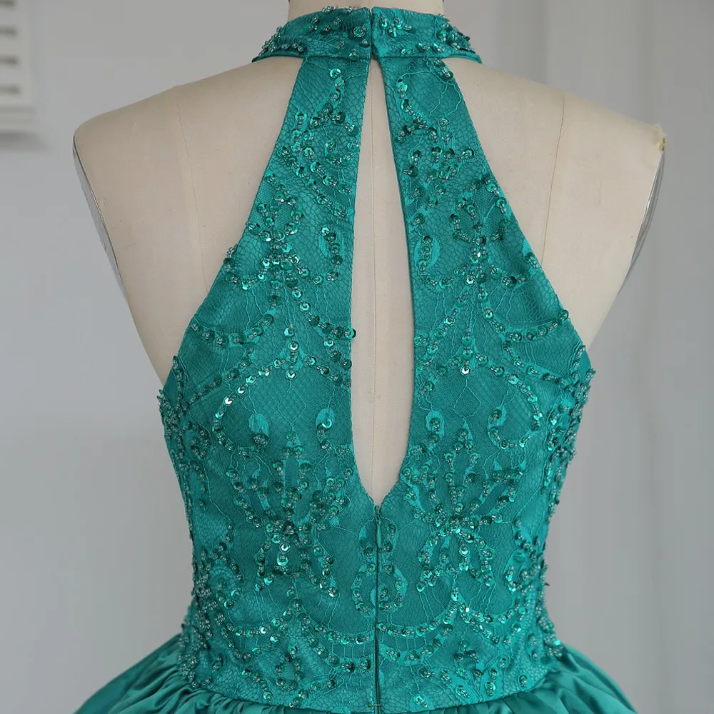 

Green Homecoming Dresses A-line High Collar Knee Length Tiered Beaded Lace Cocktail Dresses