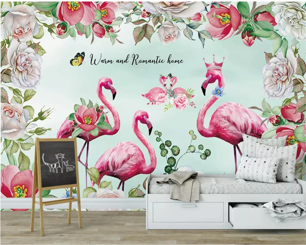 

beibehang Nordic classic silk crepe wall paper pink romantic love flamingo unicorn background papel de parede 3d wallpaper