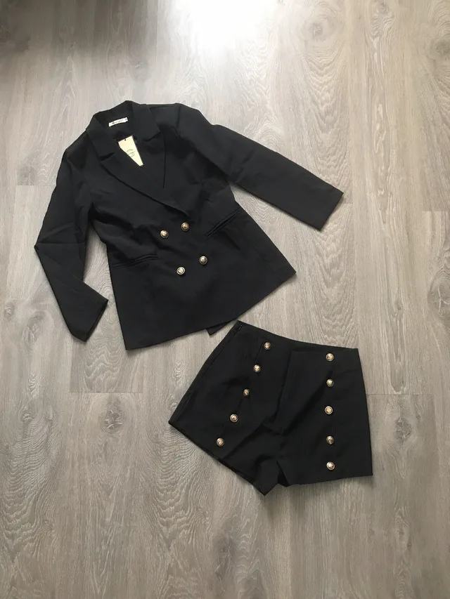 Женский офисный костюм Jassion & Rainy элегантный тонкий однотонный синий с золотыми
