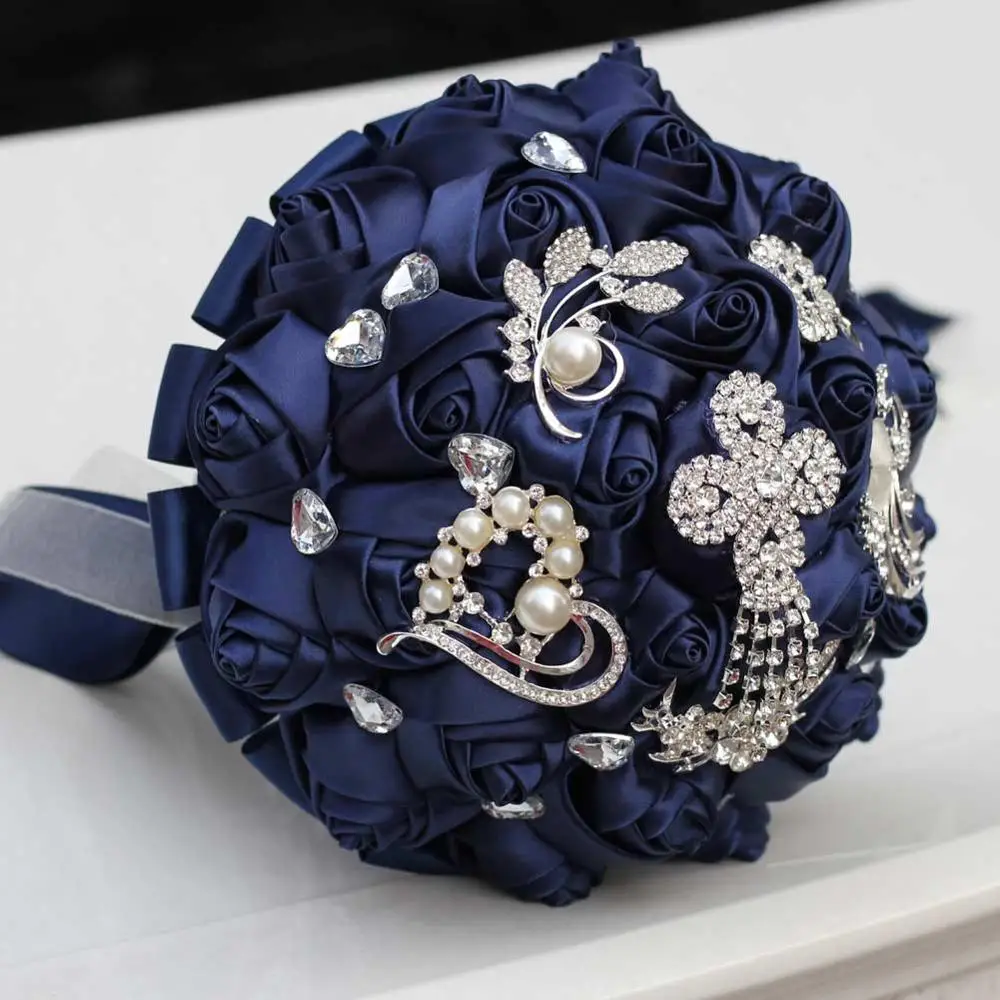 

H&S BRIDAL Dark Navy Wedding Flowers with crystal Lace Elegant Bridesmaid Bridal Bouquets Wedding decoration 2019 ramos de novia