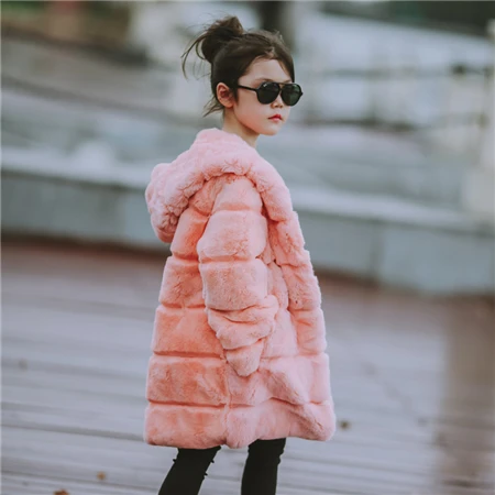 Pink Коллекция года, Детское пальто с кроличьим мехом верхняя одежда для детей, зимняя длинная теплая куртка из натурального кроличьего меха года пальто с капюшоном для девочек - Цвет: Pink