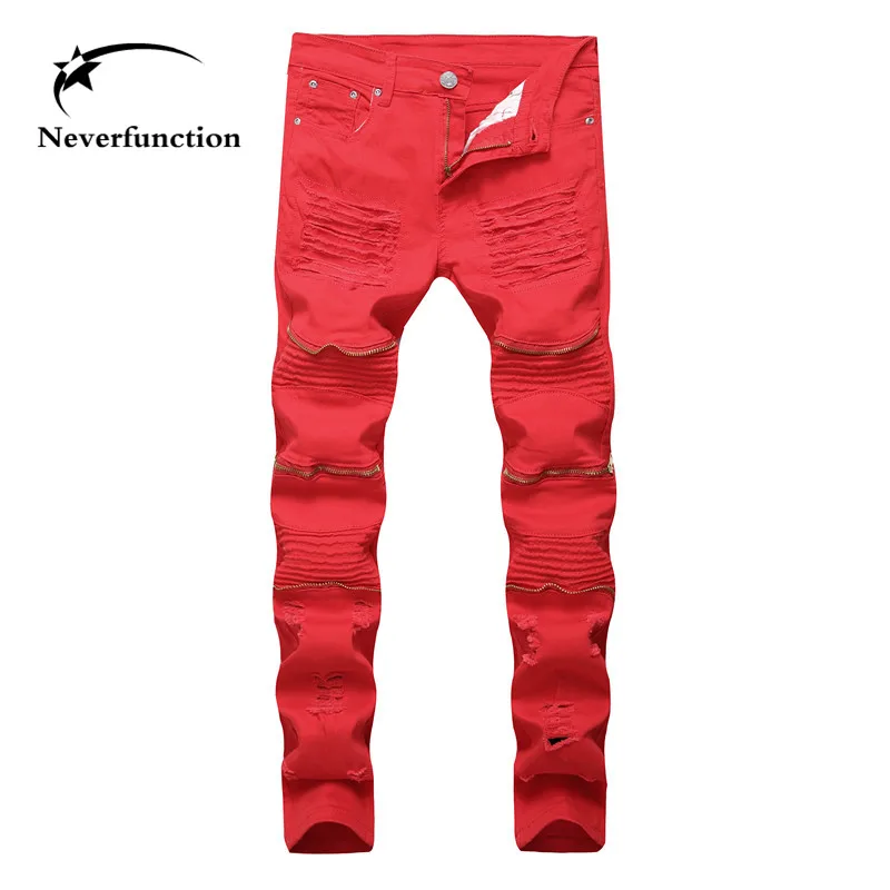 

New Fashion holes ripped Men Slim biker Jeans Casual Hophip pleated Male stretch Solid Knee zipper Destruction Denim Trousers