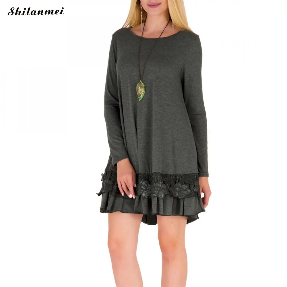 Котон платье для женщин 2017 г. повседневные свободные кружевное Осень Длинные