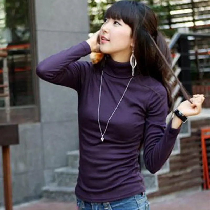 Осень зима 2019 женская футболка водолазка пуловер джемпер длинный рукав базовая