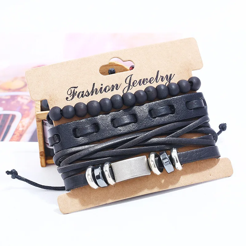 Браслет кожаный многослойный с деревянными бусинами для мужчин и женщин