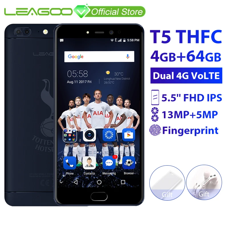 LEAGOO T5 THFC 4 Гб ОЗУ 64 ПЗУ 5 &quotFHD мобильный телефон Android 7 0 MT6750T Восьмиядерный 13MP