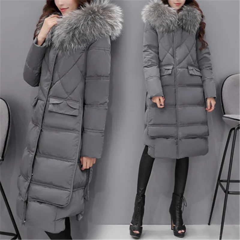 AYUNSUE Women Down Coat Large Fur Collar Parkas Winter Jacket 80% White Duck Coats Hooded Knee Long Snow ST279 | Женская одежда