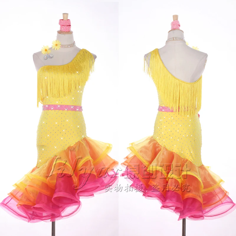 New Latin Skirt Costume Dance performance costume yellow shoulder fish bone curling asymptotic color | Тематическая одежда и