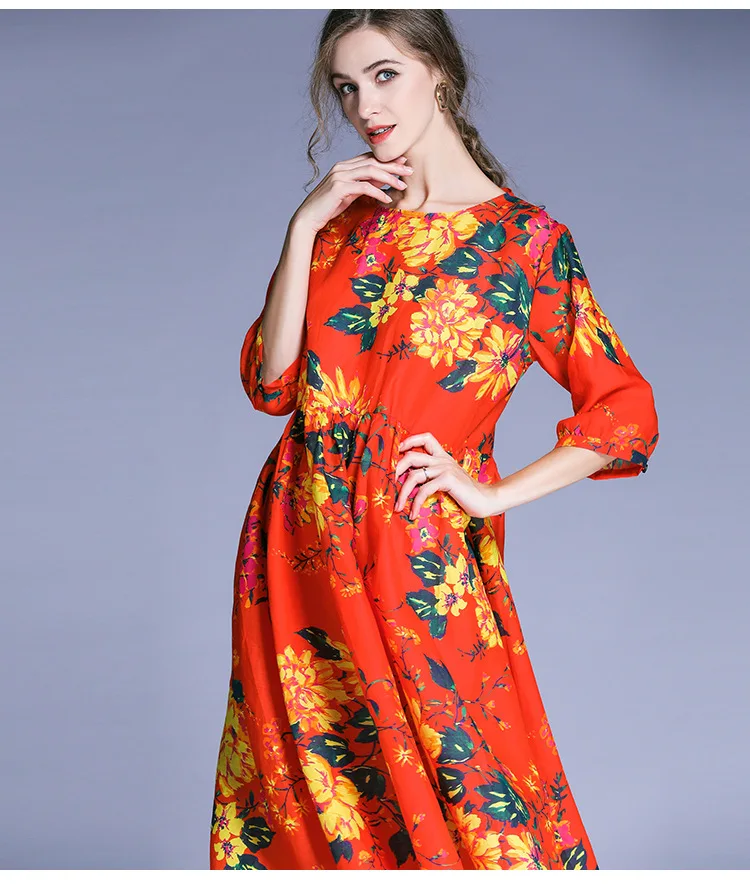 Женское свободное льняное платье с цветочным принтом Элегантное расклешенное в